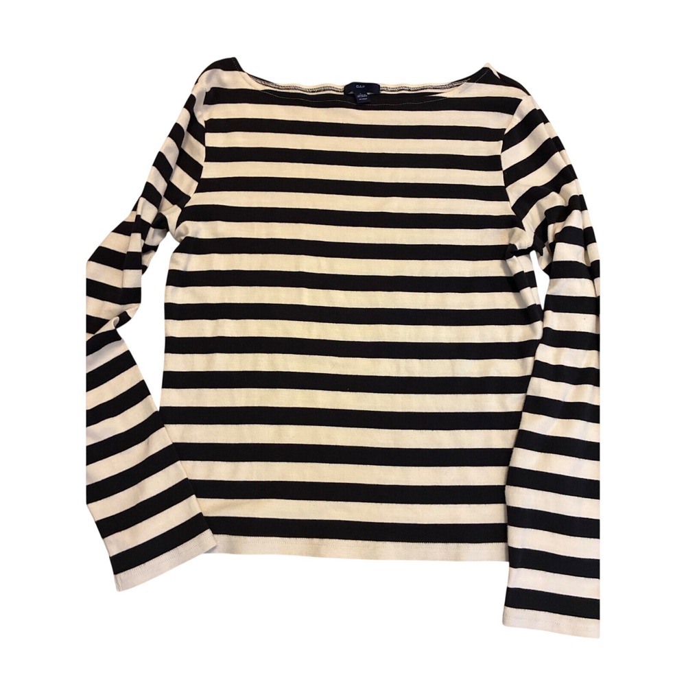 Gap Womens Black Cream Striped Boat Neck Long Sleeve Vintage Cotton Soft Top L